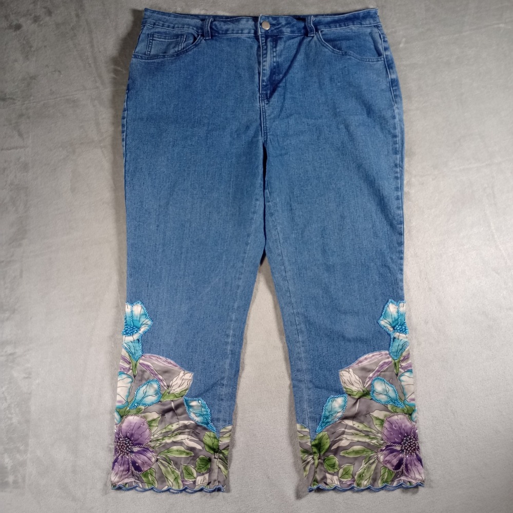 Soft Surroundings Floral Beaded Crop Jeans Womens 16 Blue Scallop Hem Boho Cute
